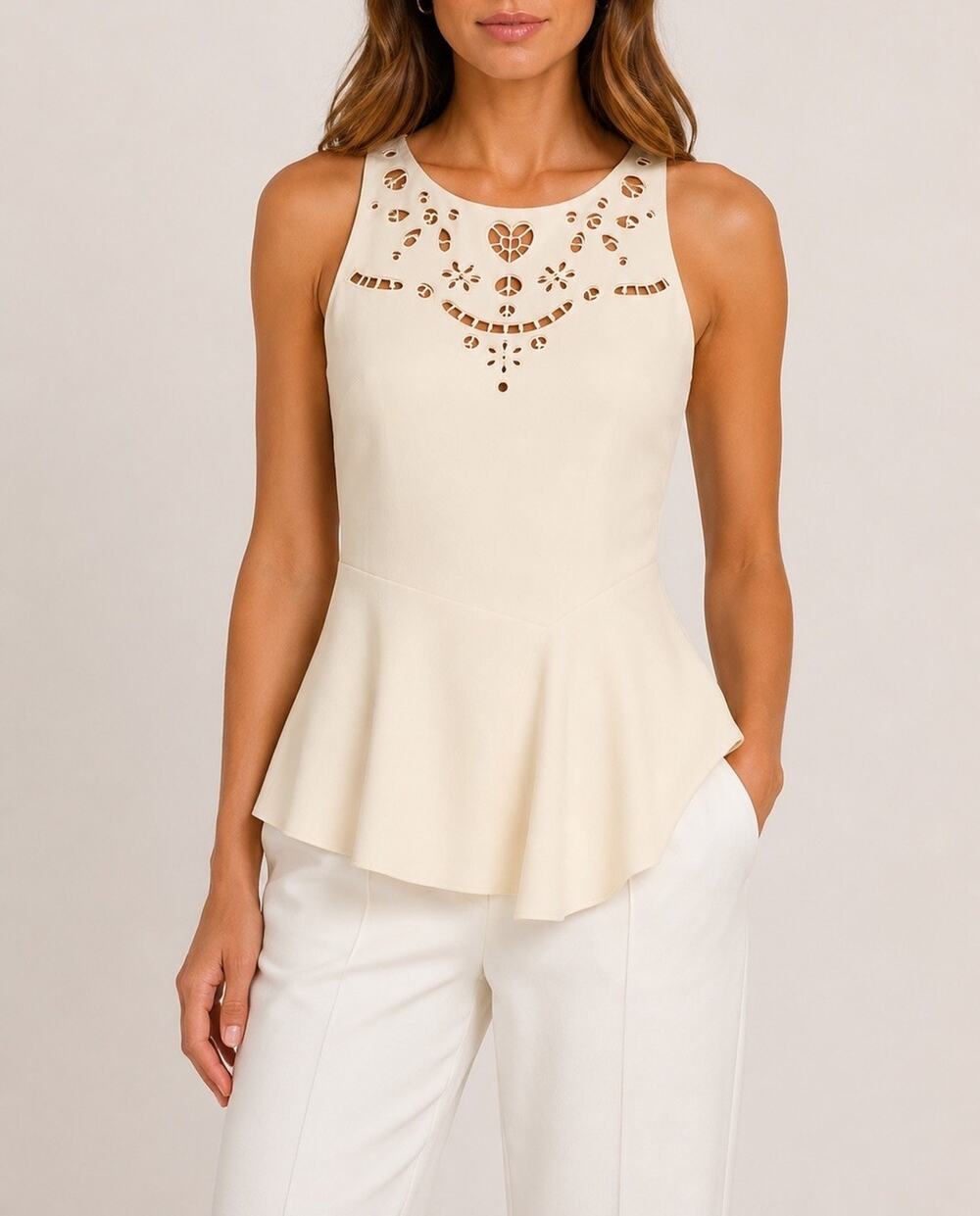 Moschino Vintage Ivory Peace Love Cutout Sleeveless Peplum Top Blouse 44 US 10